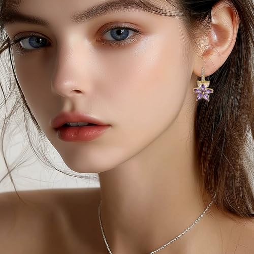 Sonateomber Gold Silver Small Hoop Dangle Earrings for Women, Trendy Dainty Rhinestone CZ Dangling Prom Wedding Leaf Flower Snowflake Butterfly Starfish Fashion Jewelry Gift - color: Purple Flower