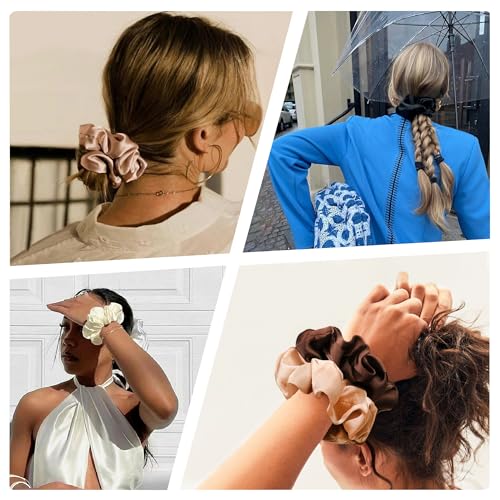 16 Pcs Satin Blue Hair Ties and Ponytail Holders - Big Scrunchies for Women's Thick Curly Hair, No Crease or Damage, Cute Pony Tails for Girls - color: Bright Blue