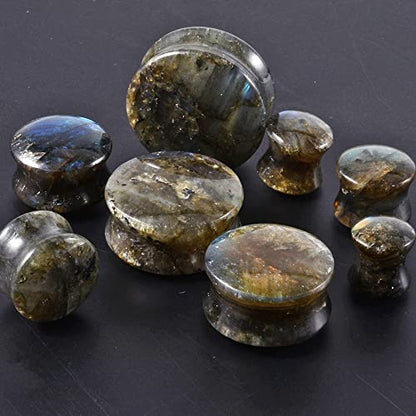 Pair Labradorite Stone Ear Flesh Tunnel Plugs Double Flared Plug Glow Stone Ear Gauges Expander - style: One Pair,5/8''(16mm)