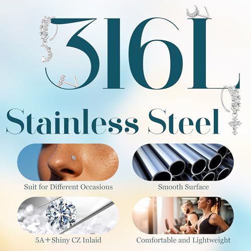 REVOLIA 20PCS 20G Dangle Nose Rings for Women Surgical Steel Dangling Nose Rings L Shaped Nose Studs Hoops CZ Flower Butterfly Heart Nose Piercing Jewelry - color: Silver