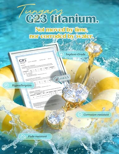 Tungary G23 Titanium Belly Button Rings for Women 14G Internally Threaded | Hypoallergenic Long Navel Piercing Jewelry, 3/8" Implant Grade Dangle Belly Button Piercing, 5A CZ, with Vacuum PVD Finish - color: Drop: 14K Gold Plated