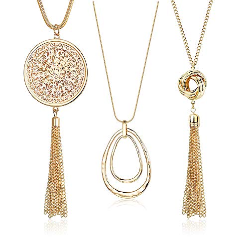 SEVENSTONE 3PCS Long Pendant Necklaces for Women Knot Disk Circle Tassel Statement Sweater Necklace Set - color: Gold