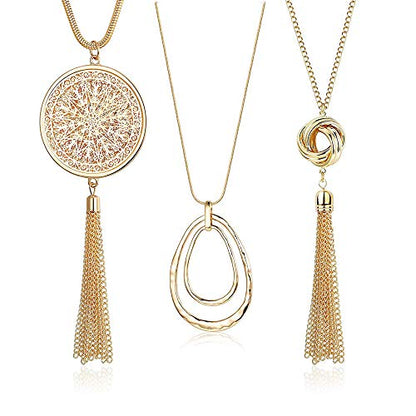 SEVENSTONE 3PCS Long Pendant Necklaces for Women Knot Disk Circle Tassel Statement Sweater Necklace Set - color: Gold