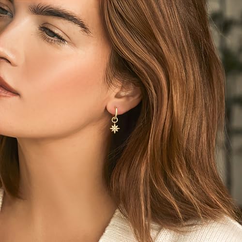DAILY VIBES Cute Butterfly Star Cross Heart CZ Dangle Earrings for Women | 925 Sterling Silver Post, 14K Gold or Silver Plated, Mini Cubic Zirconia Dainty Drop, Cartilage Small Huggie Hoop Earrings - color: Gold North Star CZ