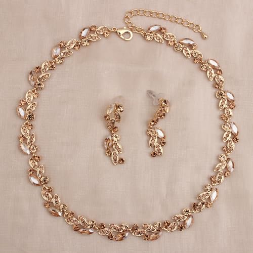 QLLYHLH Woman’s Brides Bridesmaid Leaf Choker Necklace Dangle Earrings Link Bracelet Austrian Crystal Wedding Jewelry Set Prom Costume Party Events | Brides, Bridesmaid, Prom, Events, Costume Party, Leaf - color: Champagne-Gold Plated