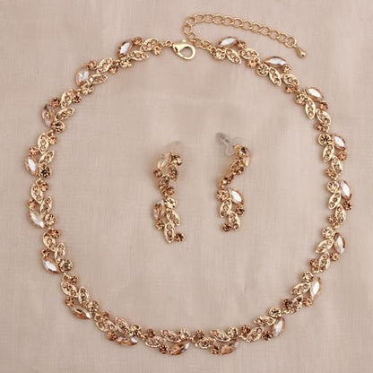 QLLYHLH Woman’s Brides Bridesmaid Leaf Choker Necklace Dangle Earrings Link Bracelet Austrian Crystal Wedding Jewelry Set Prom Costume Party Events | Brides, Bridesmaid, Prom, Events, Costume Party, Leaf - color: Champagne-Gold Plated