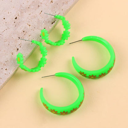 2Pairs Y2k Round Chunky Hoop Earrings Set Matte Acrylic Daisy Large Retro Neon Circle Earring 80s 90s Halloween Multicolor Loops for Women Summer Party Jewelry 80s Outfit Accessorie - color: Green
