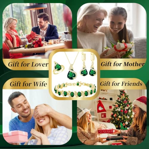 Jewelry Set for Women Teardrop Earrings Necklace Ring Bracelet Set Party Wedding Jewelry Gift for Mother Wife Friend - color: Gold-Green