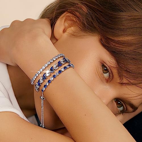 GEMOSA 3 Pcs Tennis Bracelets for Women Silver Gold Bule CZ Braclet Set | Marquise Cubic Zirconia CZ Diamond, Dainty Adjustable Silver Gold Bule Bracelets, for Women Brides, Stackable Fashion Jewelry - color: Silver-Bule CZ