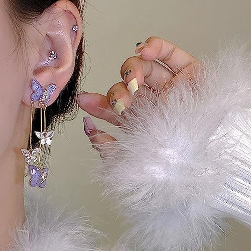 Purple Butterfly Tassel Earrings for Women Crystal Rhinestone Drop Earrings Animal Drop Dangle Charm Earrings - color: B-Purple