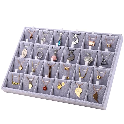24 Grid Jewelry Tray Velvet Jewelry Display Tray with Removable Dividers | Jewelry Organizer Stackable Trays for Earrings Necklaces Bracelet Rings Display Showcase - Grey - color: Grey