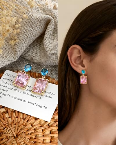 14K Gold Plated Pink Crystal Stud Square Stone Drop Dangle Geometric Earrings for Women Vacation Jewelry - color: Pink＆Blue