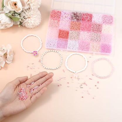 LAIDANLA 7500pcs Mix Pink Glass Seed Beads Kit for Jewelry Making with 3mm Tiny Bead and 4mm/6mm Bugle Tube Bead 24 Colors Waist Embroidery Beads for Bracelets Necklaces DIY Craft Beading Kit - color: Pink