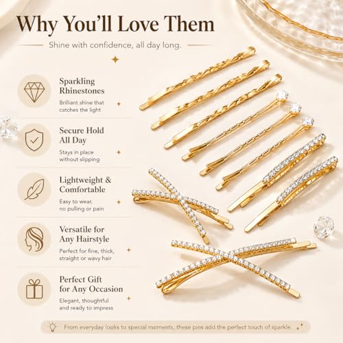 16Pcs Gold Rhinestone Pins Set, Delicate Crystal Hair Clips for Women Girls, Shiny Metal Barrettes Fancy Decorative Hair Accessories for Wedding Prom Party Daily Use