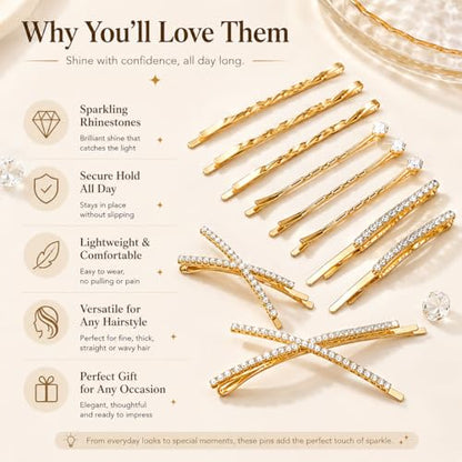 16Pcs Gold Rhinestone Pins Set, Delicate Crystal Hair Clips for Women Girls, Shiny Metal Barrettes Fancy Decorative Hair Accessories for Wedding Prom Party Daily Use