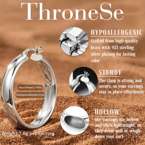 8mm Wide Gold Hoop Earrings for Women Hypoallergenic 925 Sterling Silver post Lightweight Large 14k Chunky Gold Hoop Earrings for Women 20/30/40/50/60mm - color: silver 50mm