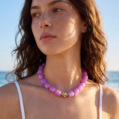 Beaded Necklaces for Women Boho Chunky Necklace Statement Big Resin Bead Choker Fashion Summer Beach Jewelry - color: Light Purple