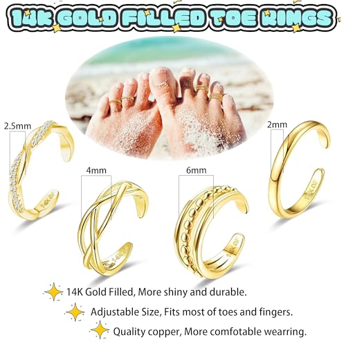 LOFITOR 4PCS Gold Toe Rings for Women Non Tarnish Waterproof Toe Ring Set | 14K Gold Filled Dainty Stackable Cute Thin Adjustable Open Band Toe Ring Cz Foot Jewelry For Beach Summer Hawaiian - style: Fashion