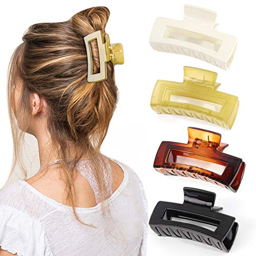Canitor Hair Claw Clips for Thin Hair 3.1 inches Acrylic Rectangular Hair Clips Tortoise Barrettes French Design Banana Jaw Clips Hair Clips Non-slip Clip - color: black, amber, off white, jelly yellow