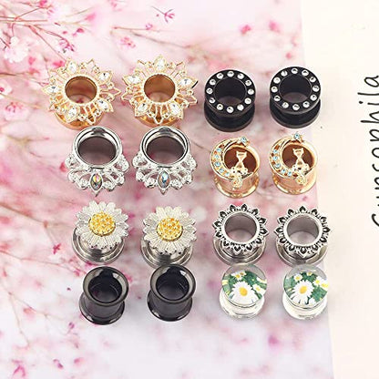 Suotarn 8 Pairs Ear Gauges For Women Black Internally Flare Earrings Plugs Gauges For Ear Stainless Steel Plug Tunnel Piercing Stretcher Kit 00g 0g-5/8'' inch - color: 14mm=9/16''