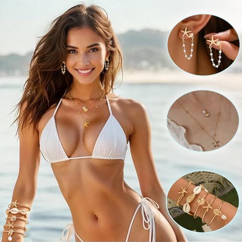 Seashell Starfish Jewelry Set for Women Ocean Vacation Accessories Layered Charm Necklace Bracelets Earrings Rings Anklet Summer Beach Jewelry Gifts - style: Style:Gold Ocean B