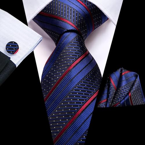 Dubulle Mens Paisley Striped Tie Woven Necktie for Men and Handkerchief Cufflinks Set Wedding Formal Business - color: Dark Blue Red