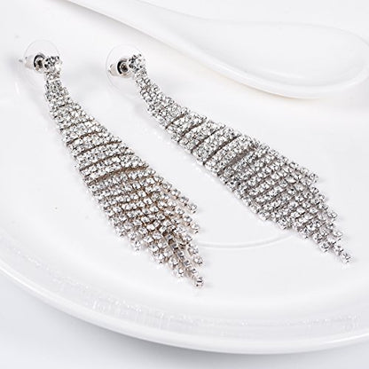 SELOVO Fashion Wedding Bride Women Long Tassel Link Fringe Dangly Earrings Clear Crystal - color: Silver