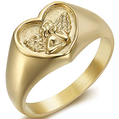 Jude Jewelers Stainless Steel Heart Shaped Signet Style Angel Pattern Statement Promise Wedding Ring - color: Gold