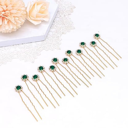 Ammei Crystal Bridal Hair Pins Clips Wedding Hair Accessories Hair Set Jewelry With Rhinestone For Brides and Bridesmaids Set Of 12 (Gold Plated Green) - color: Gold Plated Green
