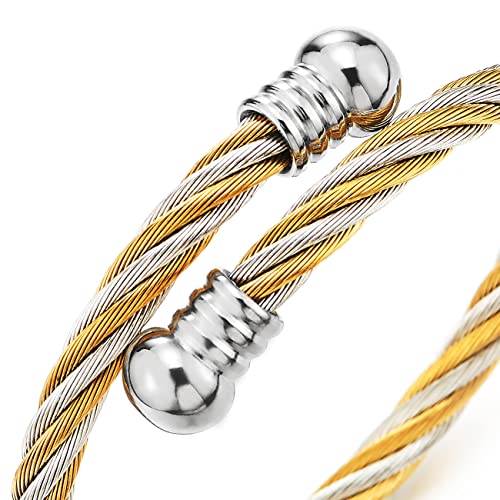 COOLSTEELANDBEYOND Elastic Adjustable Steel Twisted Cable Cuff Bangle Bracelet for Mens for Women - color: J-Metal Color: Silver & Gold