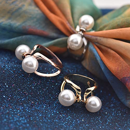 Double Pearls Silk Scarf Ring Clip Brooch for Women Girls 10mm Artificial Shell Pearl Butterfly Bowknot Shawl Scarves Statement Finger Rings Size 8 Dainty Mother's Birthday Wedding Party Jewelry Gift - color: Silver