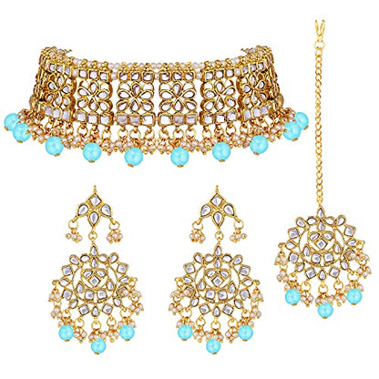 Aheli Elegant Indian Faux Kundan Studded Choker Necklace with Maang Tikka Set Ethnic Wedding Wear Bharatanatyam jewellery set Gift for Women - color: Sky Blue