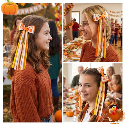 2PCS Fall Hair Bows with Long Streamers 3.54 Inch Hair Clips | Handmade Grosgrain Ribbon, Sparkling Sequin, 7.1 Inch Tail, for Ponytails, Thanksgiving Halloween Holiday Hair Accessories - color: Pumpkin