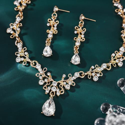 Crystal Crown Jewelry Set for Women Bride Queen Tiara Earrings and Necklace | Metal Royal Crown Costume Jewelry Set Wedding Prom Quinceanera Party Pageant Halloween Retirement Christmas Birthday Gift - color: Gold