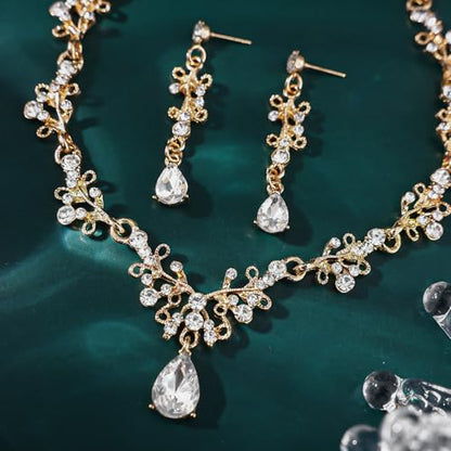 Crystal Crown Jewelry Set for Women Bride Queen Tiara Earrings and Necklace | Metal Royal Crown Costume Jewelry Set Wedding Prom Quinceanera Party Pageant Halloween Retirement Christmas Birthday Gift - color: Gold