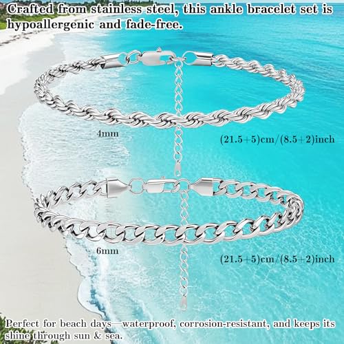2PCS Ankle Bracelets for Women - Gold/Silver Plated Stainless Steel Anklets Set - Waterproof Layered Cuban Link Chain Anklet Bracelet Summer Beach Foot Jewelry Gifts for Women - color: Style 3-Silver