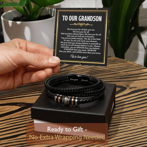 To Our Grandson Bracelet from Grandpa and Grandma - Love You Forever Engraved Leather Wristband with Inspirational Message Card - Sentimental Birthday Graduation Gift for Men, Teen - color: Version-05