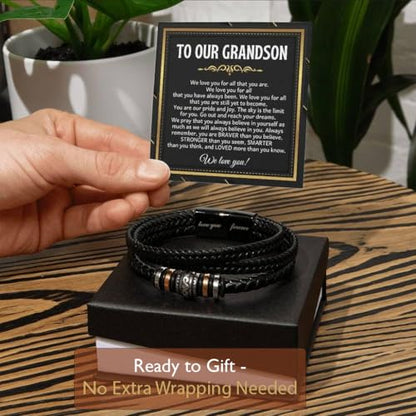 To Our Grandson Bracelet from Grandpa and Grandma - Love You Forever Engraved Leather Wristband with Inspirational Message Card - Sentimental Birthday Graduation Gift for Men, Teen - color: Version-05
