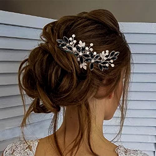 Casdre Crystal Bride Wedding Hair Comb Silver Leaf Bridal Hair Accessories Rhinestone Party Prom Hair Piece for Women and Girls (D Black) - color: D Black