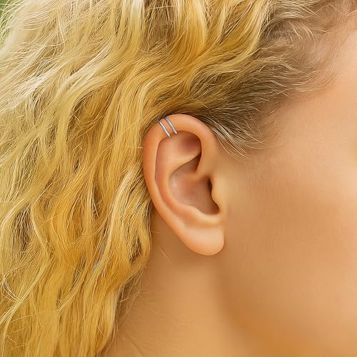 Fake Double Hoop Helix Piercing Ear Cuff - 14K Gold Filled, 925 Sterling Silver, Black Silver Ear Cuffs - Faux Helix Hoop Earring - Clip On Fake Piercing Jewelry - Ear Cuffs Non Piercing - color: 925 Silver
