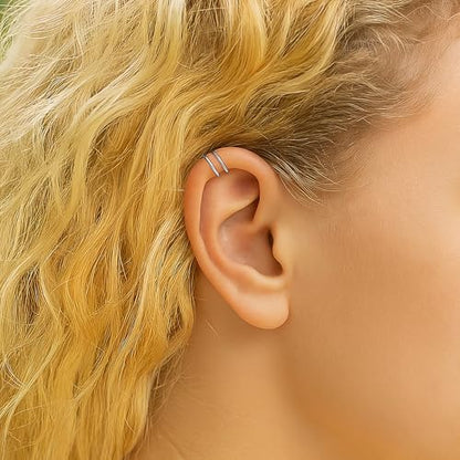 Fake Double Hoop Helix Piercing Ear Cuff - 14K Gold Filled, 925 Sterling Silver, Black Silver Ear Cuffs - Faux Helix Hoop Earring - Clip On Fake Piercing Jewelry - Ear Cuffs Non Piercing - color: 925 Silver