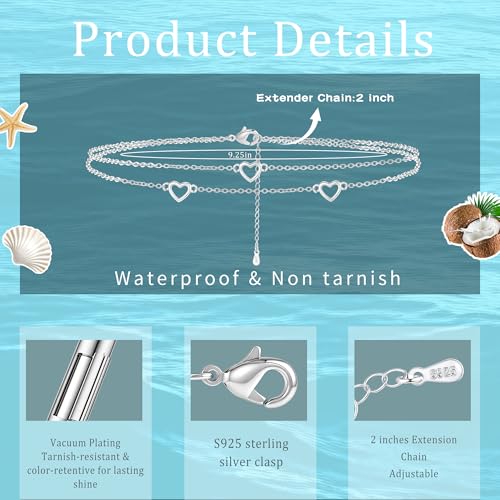 Sterling Silver Ankle Bracelets for Women 14k Gold Waterproof Layered Stackable Non Tarnish Dainty Heart Charm Large Adjustable Anklet for Summer Beach Jewelry Gift - color: silverD
