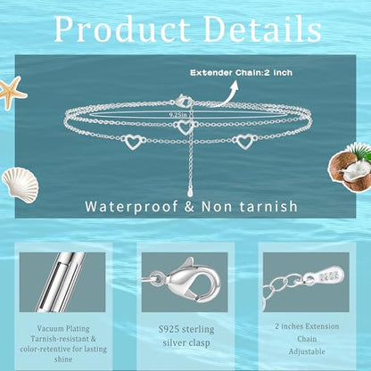 Sterling Silver Ankle Bracelets for Women 14k Gold Waterproof Layered Stackable Non Tarnish Dainty Heart Charm Large Adjustable Anklet for Summer Beach Jewelry Gift - color: silverD