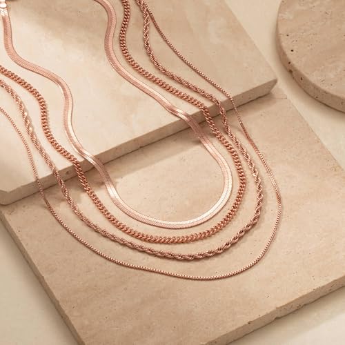 Tewiky Layered Necklaces for Women 14k Gold Plated Chain Necklace Set | Chunky Herringbone/Snake/Rope/Box/Cuban Link Chain for Women, Layering Stack Choker Necklace, Dainty Jewelry Set Non Tarnish - color: 4 Layered Necklace Rose Gold