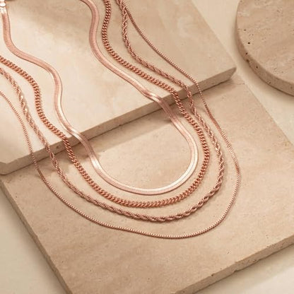 Tewiky Layered Necklaces for Women 14k Gold Plated Chain Necklace Set | Chunky Herringbone/Snake/Rope/Box/Cuban Link Chain for Women, Layering Stack Choker Necklace, Dainty Jewelry Set Non Tarnish - color: 4 Layered Necklace Rose Gold