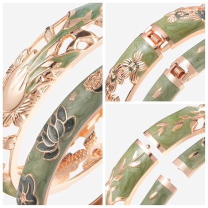 UJOY Cloisonne Bracelet Lotus Flower Plated Cuff Bangle Enameled Jewelry Bracelets Gift for Women Pack in Case 88B16 - color: A31-2 Pcs Set-Green