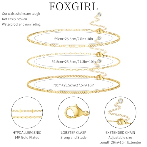 Foxgirl Gold Waist Chains for Women, 14K Gold Plated Layered Belly Chain Adjustable Waterproof Sexy Bikini Satellite Beads Chain Summer Non Tarnish Body Chain Jewelry Gifts for Women | Adjustable Chain Set for Bikini, Beach, Festival, and Summer Styling -