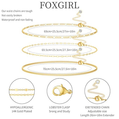 Foxgirl Gold Waist Chains for Women, 14K Gold Plated Layered Belly Chain Adjustable Waterproof Sexy Bikini Satellite Beads Chain Summer Non Tarnish Body Chain Jewelry Gifts for Women | Adjustable Chain Set for Bikini, Beach, Festival, and Summer Styling -