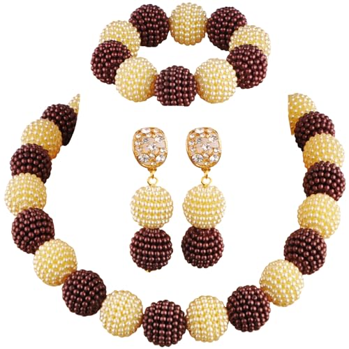 Nigerian Wedding African Beads Jewelry Set Women Simulated Pearl Necklace and Earrings - color: Brown-Champagne Gold
