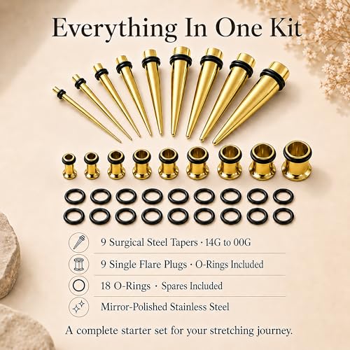BodyJ4You 36PC Ear Stretching Kit - Complete Beginner Set 14G-00G | Gauges for Ears Stainless Steel Tapers Single Flare Plugs Tunnels - Dead Stretching Lobe Men Women Expander - color: Goldtone, Single Flare